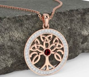 Diamond Garnet Rose Gold Celtic Tree of Life Trinity Knot Necklace