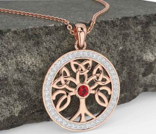 Diamond Ruby Rose Gold Celtic Tree of Life Trinity Knot Necklace