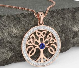Diamond Sapphire Rose Gold Celtic Tree of Life Trinity Knot Necklace