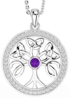 Diamond Amethyst Silver Celtic Tree of Life Trinity Knot Necklace