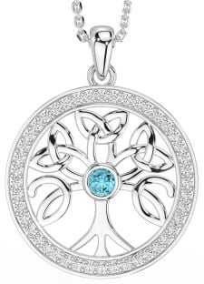 Diamond Aquamarine Silver Celtic Tree of Life Trinity Knot Necklace