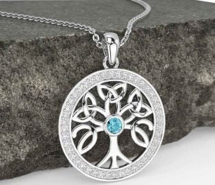 Diamond Aquamarine Silver Celtic Tree of Life Trinity Knot Necklace