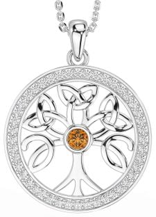 Diamond Citrine Silver Celtic Tree of Life Trinity Knot Necklace