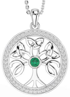 Diamond Emerald Silver Celtic Tree of Life Trinity Knot Necklace