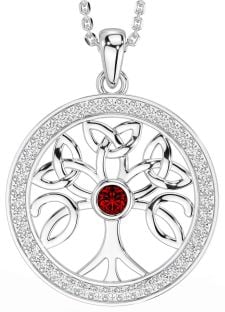 Diamond Garnet Silver Celtic Tree of Life Trinity Knot Necklace