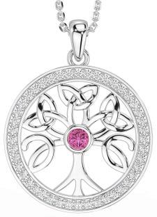 Diamond Pink Tourmaline Silver Celtic Tree of Life Trinity Knot Necklace