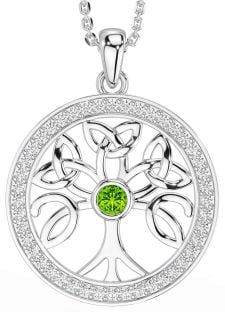 Diamond Peridot Silver Celtic Tree of Life Trinity Knot Necklace