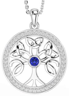 Diamond Sapphire Silver Celtic Tree of Life Trinity Knot Necklace