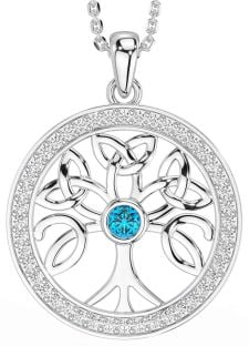 Diamond Topaz Silver Celtic Tree of Life Trinity Knot Necklace