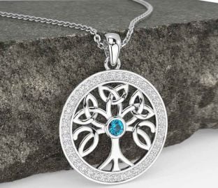 Diamond Topaz Silver Celtic Tree of Life Trinity Knot Necklace