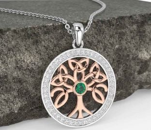 Diamond Emerald Rose Gold Silver Celtic Tree of Life Trinity Knot Necklace
