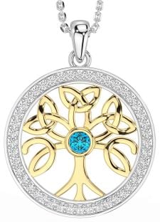 Diamond Topaz Gold Silver Celtic Tree of Life Trinity Knot Necklace