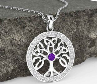 Diamond Amethyst White Gold Celtic Tree of Life Trinity Knot Necklace