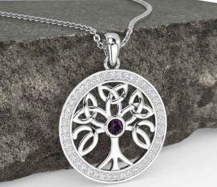 Diamond Alexandrite White Gold Celtic Tree of Life Trinity Knot Necklace