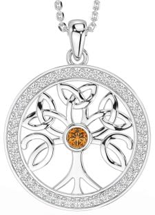 Diamond Citrine White Gold Celtic Tree of Life Trinity Knot Necklace