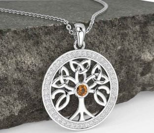 Diamond Citrine White Gold Celtic Tree of Life Trinity Knot Necklace