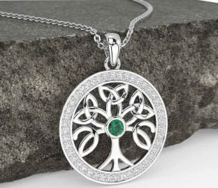 Diamond Emerald White Gold Celtic Tree of Life Trinity Knot Necklace
