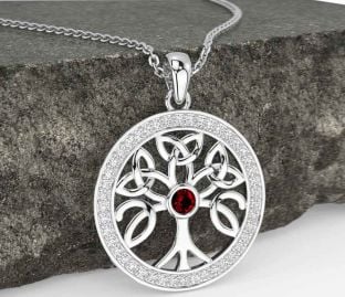 Diamond Garnet White Gold Celtic Tree of Life Trinity Knot Necklace