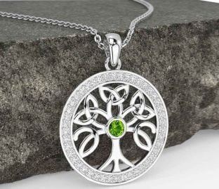 Diamond Peridot White Gold Celtic Tree of Life Trinity Knot Necklace