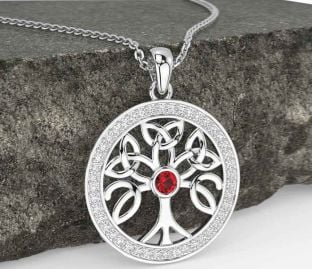 Diamond Ruby White Gold Celtic Tree of Life Trinity Knot Necklace