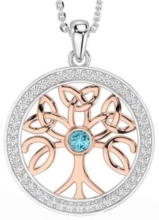 Diamond Aquamarine White Rose Gold Celtic Tree of Life Trinity Knot Necklace