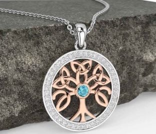Diamond Aquamarine White Rose Gold Celtic Tree of Life Trinity Knot Necklace