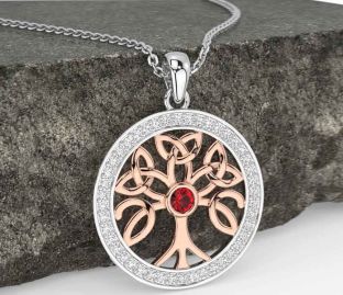 Diamond Ruby White Rose Gold Celtic Tree of Life Trinity Knot Necklace