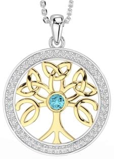 Diamond Aquamarine White Yellow Gold Celtic Tree of Life Trinity Knot Necklace