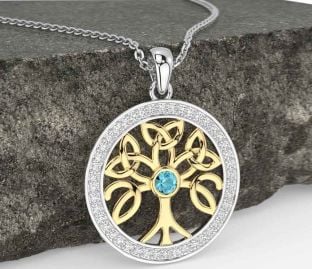 Diamond Aquamarine White Yellow Gold Celtic Tree of Life Trinity Knot Necklace