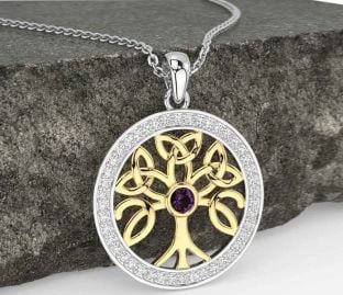 Diamond Alexandrite White Yellow Gold Celtic Tree of Life Trinity Knot Necklace