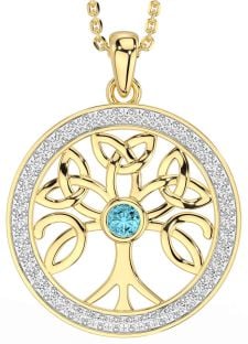 Diamond Aquamarine Gold Celtic Tree of Life Trinity Knot Necklace
