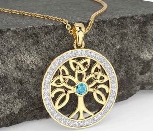 Diamond Aquamarine Gold Celtic Tree of Life Trinity Knot Necklace