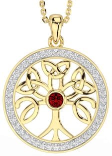 Diamond Garnet Gold Celtic Tree of Life Trinity Knot Necklace