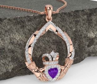 Diamond Amethyst Rose Gold Claddagh Necklace