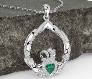 Diamond Emerald Silver Claddagh Necklace