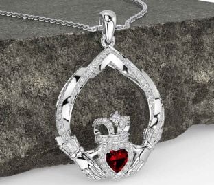 Diamond Garnet Silver Claddagh Necklace