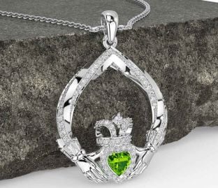 Diamond Peridot Silver Claddagh Necklace