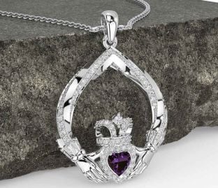 Diamond Alexandrite White Gold Claddagh Necklace