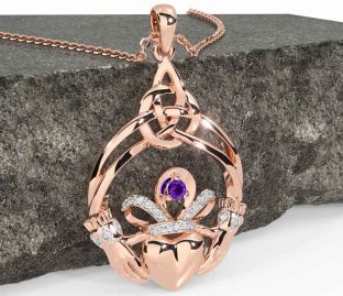 Diamond Amethyst Rose Gold Silver Celtic Claddagh Necklace