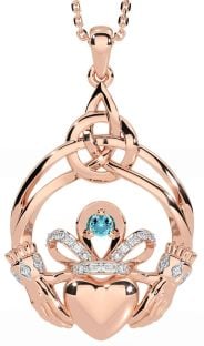 Diamant Aquamarin Rose Gold Silber keltisch Claddagh Halskette