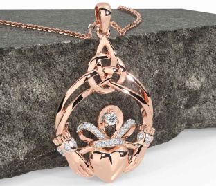 Diamond Rose Gold Silver Celtic Claddagh Necklace