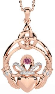 Diamond Pink Tourmaline Rose Gold Silver Celtic Claddagh Necklace