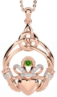 Diamond Peridot Rose Gold Silver Celtic Claddagh Necklace