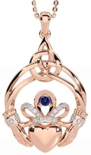 Diamond Sapphire Rose Gold Silver Celtic Claddagh Necklace