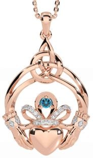 Diamond Topaz Rose Gold Silver Celtic Claddagh Necklace