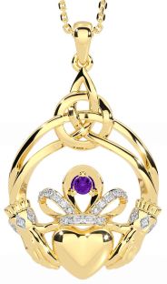 Diamond Amethyst Gold Silver Celtic Claddagh Necklace