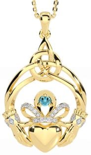 Diamond Aquamarine Gold Silver Celtic Claddagh Necklace