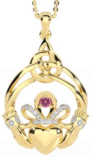 Diamond Pink Tourmaline Gold Silver Celtic Claddagh Necklace