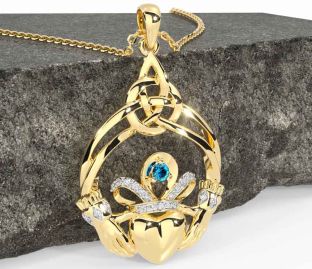 Diamond Topaz Gold Silver Celtic Claddagh Necklace