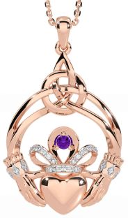 Diamond Amethyst Rose Gold Celtic Claddagh Necklace